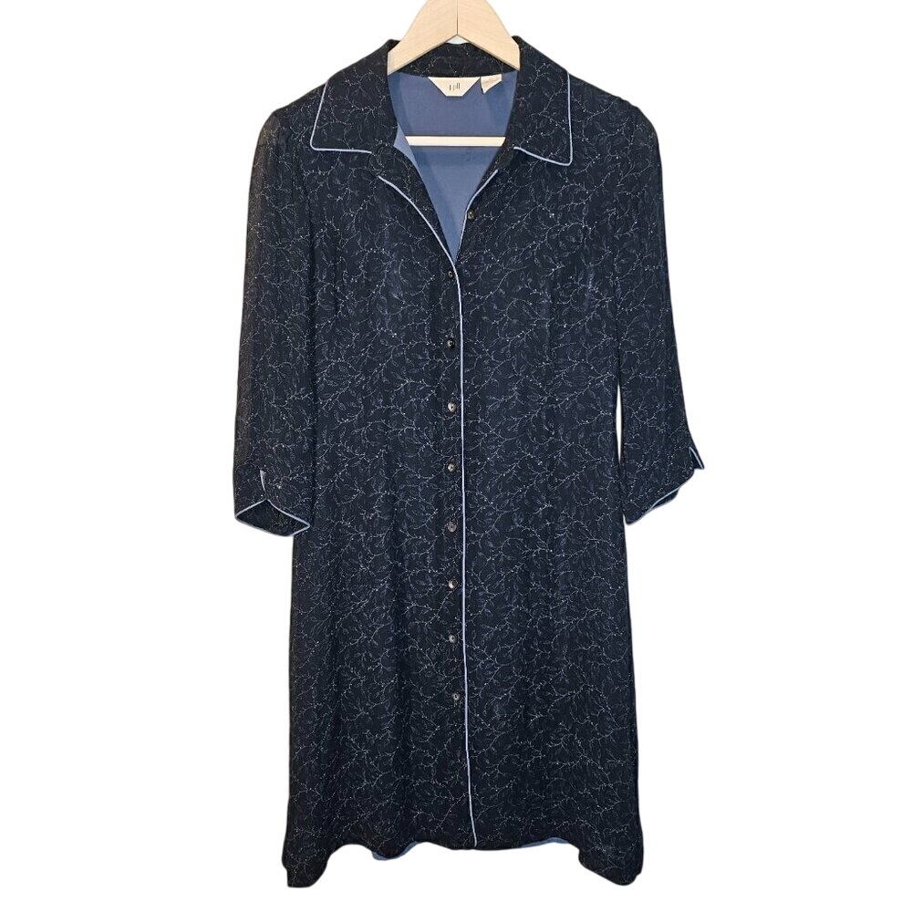 J.Jill Floral Navy Blue Button Down Collared Midi‎ Cottage Dress Size 8 Petite